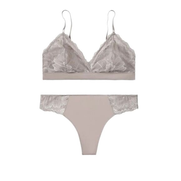 NEW TRUE soft lace thong and soft lace wirefree bralette in‎ mink gray set S - Picture 1 of 11